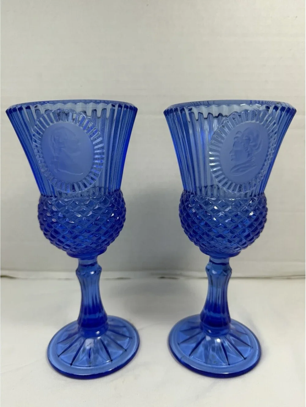 Vintage 1976 Avon Fostoria Cobalt Blue George Martha Washington Goblets Pair
